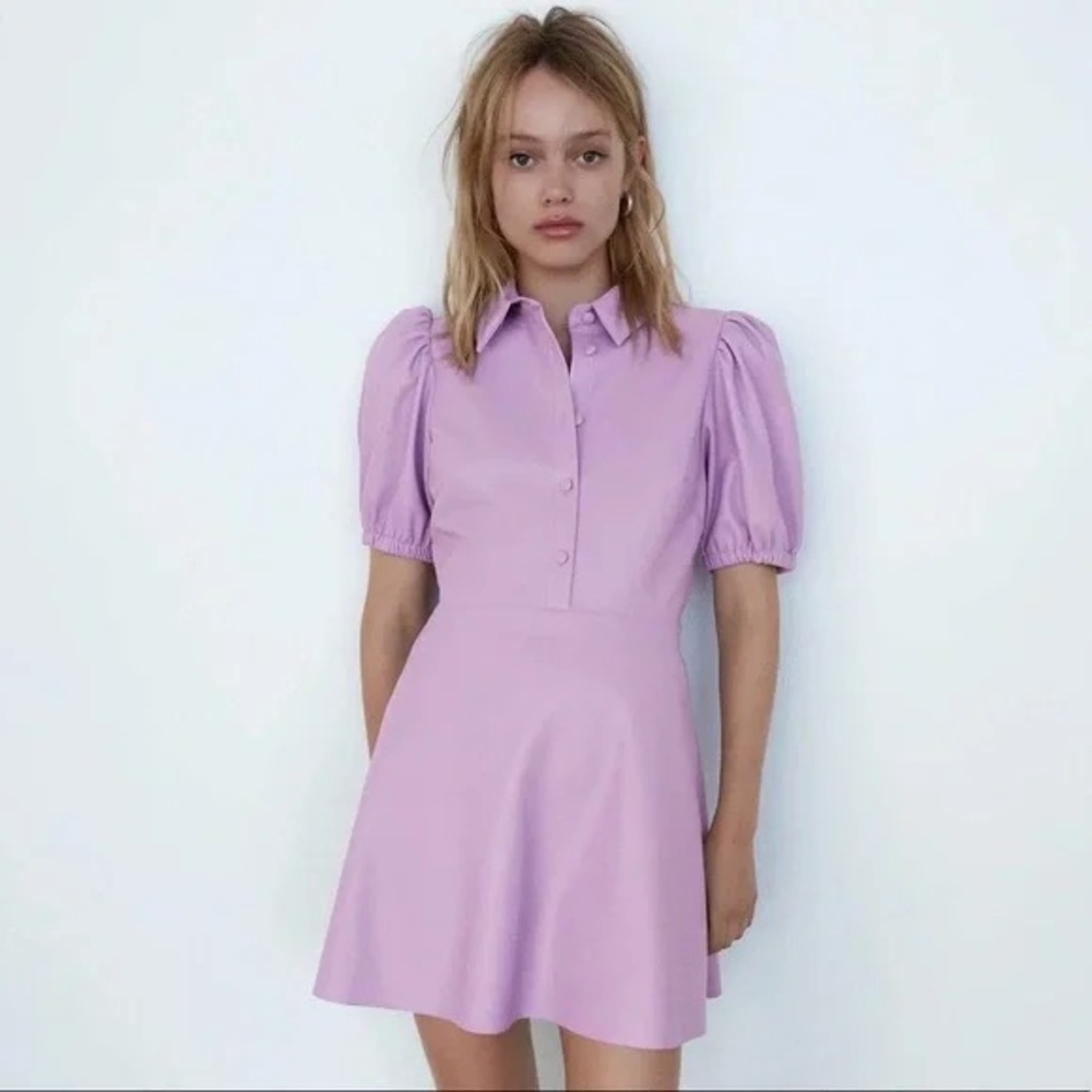 Zara Purple Leather Collared Leather Dress, L